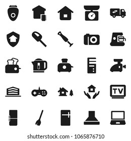 Flat vector icon set - broom vector, house hold, tv, chalet, office building, relocation truck, fridge, smart home, protect, coffee maker, meat grinder, hood, toaster, epilator, kitchen scales
