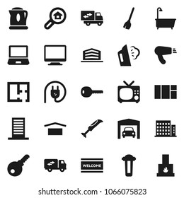 Flat vector icon set - broom vector, welcome mat, steaming, bath, dry cargo, garage, plan, apartments, office building, search estate, key, relocation truck, password, power plug, monitor, blender