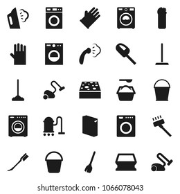 Flat vector icon set - broom vector, vacuum cleaner, mop, bucket, sponge, car fetlock, steaming, washer, washing powder, cleaning agent, rubber glove