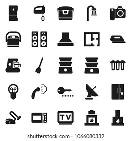Flat vector icon set - broom vector, steaming, double boiler, tv, plan, bath, fridge, password, iron, mixer, coffee maker, hood, multi cooker, microwave oven, vacuum cleaner, camera, speaker, bulb