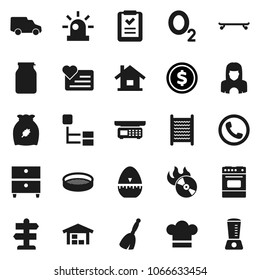 Flat vector icon set - broom vector, washboard, cleaner woman, cook hat, timer, oven, sieve, jar, cereal, archive, dollar coin, skateboard, heart monitor, oxygen, signpost, car, music hit, hierarchy