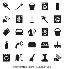 Flat vector icon set - broom vector, vacuum cleaner, mop, bucket, sponge, car fetlock, steaming, washer, cleaning agent, rubber glove