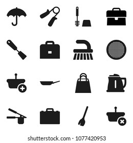 Flat vector icon set - broom vector, fetlock, toilet brush, pan, kettle, cook press, spatula, sieve, case, hand trainer, umbrella, shopping bag, basket