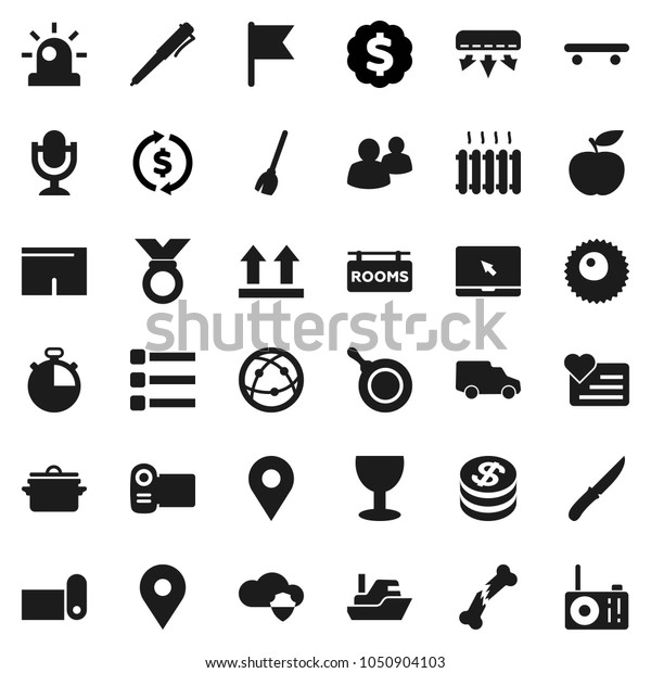 Flat vector icon set - broom vector, pan,\
knife, pen, flag, exchange, dollar medal, diet, stopwatch, shorts,\
skateboard, fitness mat, heart monitor, map pin, ship, car, glass,\
top sign, microphone