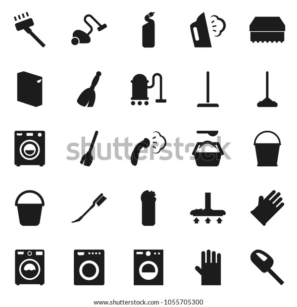 Flat vector icon set - broom vector,
vacuum cleaner, mop, bucket, sponge, car fetlock, steaming, washer,
washing powder, cleaning agent, rubber
glove