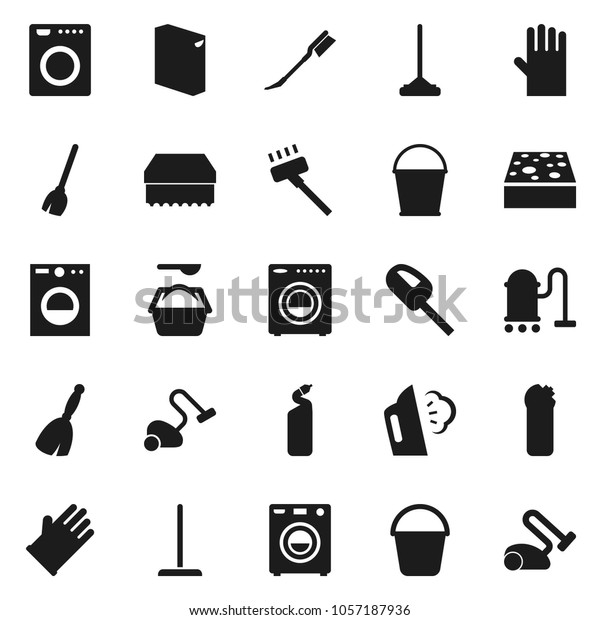 Flat vector icon set - broom vector,\
vacuum cleaner, mop, bucket, sponge, car fetlock, steaming, washing\
powder, cleaning agent, rubber glove,\
washer