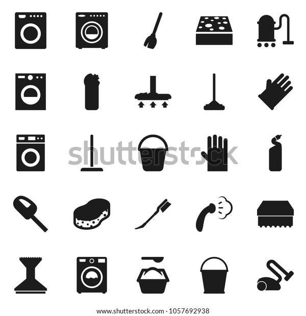 Flat vector icon set - broom vector,
vacuum cleaner, mop, bucket, sponge, car fetlock, steaming, washer,
washing powder, cleaning agent, rubber
glove