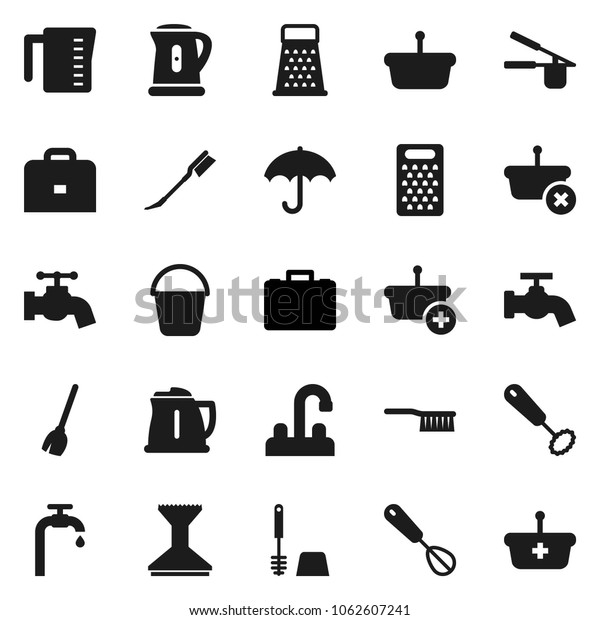 Flat vector icon set -\
broom vector, fetlock, bucket, water tap, car, toilet brush,\
kettle, measuring cup, cook press, whisk, grater, case, umbrella,\
supply, basket