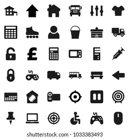 Flat vector icon set - bucket vector, university, calculator, notebook pc, school bus, target, arrow up, pound, t shirt, roller Skates, calendar, gamepad, settings, thumbtack, pause button, disabled