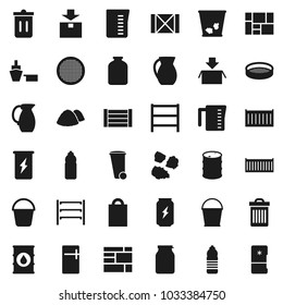 Flat vector icon set - bucket vector, trash bin, garbage pile, measuring cup, jug, sieve, jar, enegry drink, water bottle, sea container, port, wood box, consolidated cargo, package, oil barrel