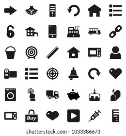 Flat vector icon set - bucket vector, microwave oven, cake, ruler, bell, school bus, piggy bank, target, mobile phone, touchscreen, heart, play button, syringe, menu, home, arrow, redo, undo, chain