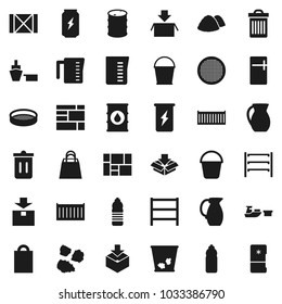 Flat vector icon set - bucket vector, trash bin, garbage pile, measuring cup, jug, sieve, enegry drink, water bottle, sea container, port, wood box, consolidated cargo, package, oil barrel, shelving