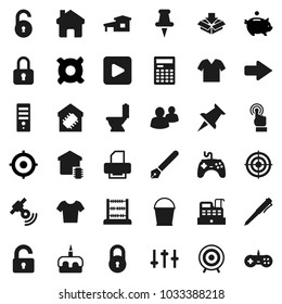 Flat vector icon set - bucket vector, toilet, cake, pen, calculator, abacus, piggy bank, target, any currency, t shirt, satellitie, gamepad, settings, touchscreen, group, thumbtack, play button
