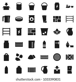 Flat vector icon set - bucket vector, trash bin, garbage pile, measuring cup, jug, sieve, jar, enegry drink, water bottle, sea container, port, wood box, consolidated cargo, package, oil barrel