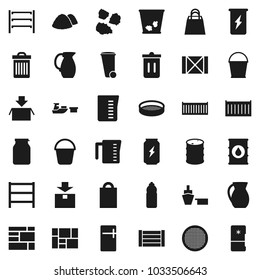 Flat vector icon set - bucket vector, trash bin, garbage pile, measuring cup, jug, sieve, jar, enegry drink, water bottle, sea container, port, wood box, consolidated cargo, package, oil barrel