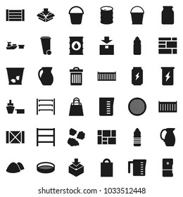 Flat vector icon set - bucket vector, trash bin, garbage pile, measuring cup, jug, sieve, jar, enegry drink, water bottle, sea container, port, wood box, consolidated cargo, package, oil barrel