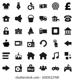 Flat vector icon set - bucket vector, microwave oven, cake, pen, university, bell, music, piggy bank, target, pound, t shirt, radio, speaker, touchscreen, group, stop button, disabled, menu, home