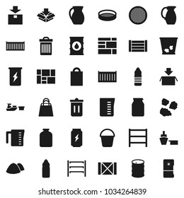 Flat vector icon set - bucket vector, trash bin, garbage pile, measuring cup, jug, sieve, jar, energy drink, water bottle, sea container, port, wood box, consolidated cargo, package, oil barrel