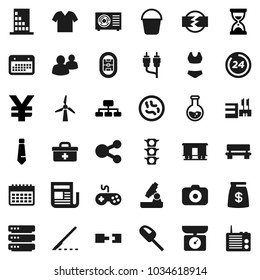 Flat vector icon set - bucket vector, microscope, flask, sand clock, tie, hierarchy, yen sign, swimsuite, calendar, stadium, traffic light, Railway carriage, camera, newspaper, gamepad, group, rca