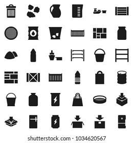 Flat vector icon set - bucket vector, trash bin, garbage pile, measuring cup, jug, sieve, jar, enegry drink, water bottle, sea container, port, wood box, consolidated cargo, package, oil barrel