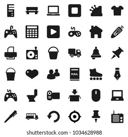 Flat vector icon set - bucket vector, toilet, pen, bell, notebook pc, school bus, calculator, target, roller Skates, radio, gamepad, remote control, group, heart, thumbtack, play button, stop, home