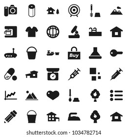 Flat vector icon set - bucket vector, iron, toilet brush, paper, pencil, microscope, world, graph, target, pills, port, heart, syringe, router, loading, cottage, chalet, pool, fruit tree, mountain