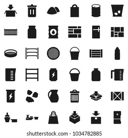 Flat vector icon set - bucket vector, trash bin, garbage pile, measuring cup, jug, sieve, jar, enegry drink, water bottle, sea container, port, wood box, consolidated cargo, package, oil barrel