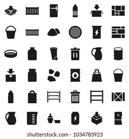 Flat vector icon set - bucket vector, trash bin, garbage pile, measuring cup, jug, sieve, jar, enegry drink, water bottle, sea container, port, wood box, consolidated cargo, package, oil barrel