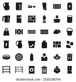Flat vector icon set - bucket vector, trash bin, garbage pile, measuring cup, jug, sieve, jar, enegry drink, water bottle, sea container, port, wood box, consolidated cargo, package, oil barrel