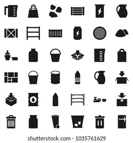 Flat vector icon set - bucket vector, trash bin, garbage pile, measuring cup, jug, sieve, jar, enegry drink, water bottle, sea container, port, wood box, consolidated cargo, package, oil barrel