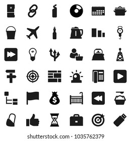 Flat vector icon set - bucket vector, washing powder, cleaning agent, pan, kettle, scales, oil, case, flag, pie graph, money bag, sand clock, target, plane, calendar, consolidated cargo, sorting