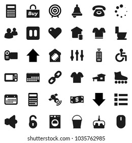 Flat vector icon set - bucket vector, toilet, cake, bell, calculator, target, arrow down, up, t shirt, roller Skates, calendar, satellitie, speaker, settings, remote control, group, heart, disabled