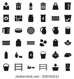 Flat vector icon set - bucket vector, trash bin, garbage pile, measuring cup, jug, sieve, jar, enegry drink, water bottle, sea container, port, wood box, consolidated cargo, package, oil barrel