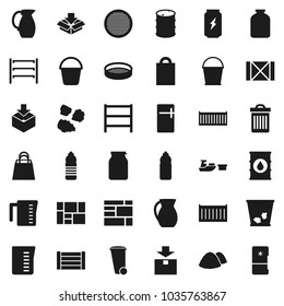 Flat vector icon set - bucket vector, trash bin, garbage pile, measuring cup, jug, sieve, jar, enegry drink, water bottle, sea container, port, wood box, consolidated cargo, package, oil barrel