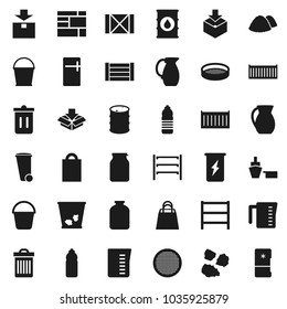 Flat vector icon set - bucket vector, trash bin, garbage pile, measuring cup, jug, sieve, jar, enegry drink, water bottle, sea container, port, wood box, consolidated cargo, package, oil barrel