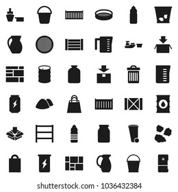 Flat vector icon set - bucket vector, trash bin, garbage pile, measuring cup, jug, sieve, jar, enegry drink, water bottle, sea container, port, wood box, consolidated cargo, package, oil barrel