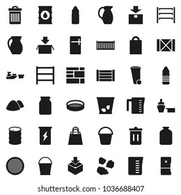 Flat vector icon set - bucket vector, trash bin, garbage pile, measuring cup, jug, sieve, jar, enegry drink, water bottle, sea container, port, wood box, consolidated cargo, package, oil barrel