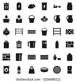 Flat vector icon set - bucket vector, trash bin, garbage pile, measuring cup, jug, sieve, jar, enegry drink, water bottle, sea container, port, wood box, consolidated cargo, package, oil barrel
