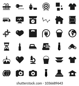 Flat vector icon set - bucket vector, plates, cake, oil, book, microscope, school bus, constellation, sand clock, tie, scales, target, pool, earth, port, camera, heart, dna, pills, home, loading