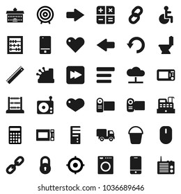 Flat vector icon set - bucket vector, toilet, microwave oven, university, ruler, abacus, calculator, target, radio, mobile phone, heart, forward button, disabled, cloud network, menu, arrow, undo