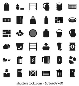 Flat vector icon set - bucket vector, trash bin, garbage pile, measuring cup, jug, sieve, jar, enegry drink, water bottle, sea container, port, wood box, consolidated cargo, package, oil barrel
