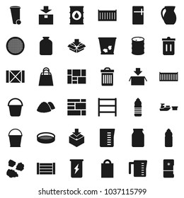 Flat vector icon set - bucket vector, trash bin, garbage pile, measuring cup, jug, sieve, jar, enegry drink, water bottle, sea container, port, wood box, consolidated cargo, package, oil barrel