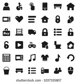 Flat vector icon set - bucket vector, toilet, microwave oven, abacus, music, calculator, t shirt, gamepad, mobile phone, touchscreen, group, heart, play button, disabled, menu, home, bench, undo