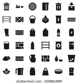 Flat vector icon set - bucket vector, trash bin, garbage pile, measuring cup, jug, sieve, jar, enegry drink, water bottle, sea container, port, wood box, consolidated cargo, package, oil barrel