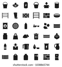 Flat vector icon set - bucket vector, trash bin, garbage pile, measuring cup, jug, sieve, jar, enegry drink, water bottle, sea container, port, wood box, consolidated cargo, package, oil barrel