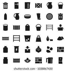Flat vector icon set - bucket vector, trash bin, garbage pile, measuring cup, jug, sieve, jar, enegry drink, water bottle, sea container, port, wood box, consolidated cargo, package, oil barrel