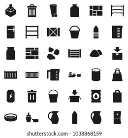 Flat vector icon set - bucket vector, trash bin, garbage pile, measuring cup, jug, sieve, jar, enegry drink, water bottle, sea container, port, wood box, consolidated cargo, package, oil barrel