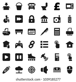 Flat vector icon set - bucket vector, toilet, microwave oven, pen, calculator, school bus, university, pound, roller Skates, target, calendar, radio, satellitie, speaker, remote control, touchscreen