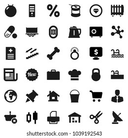 Flat vector icon set - bucket vector, kettle, cook hat, case, paper pin, scissors, cart, japanese candle, safe, monitor dollar, fitball, pills, sports nutrition, molecule, stairways run, bone, earth