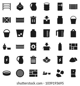 Flat vector icon set - bucket vector, trash bin, garbage pile, measuring cup, jug, sieve, jar, enegry drink, water bottle, sea container, port, wood box, consolidated cargo, package, oil barrel